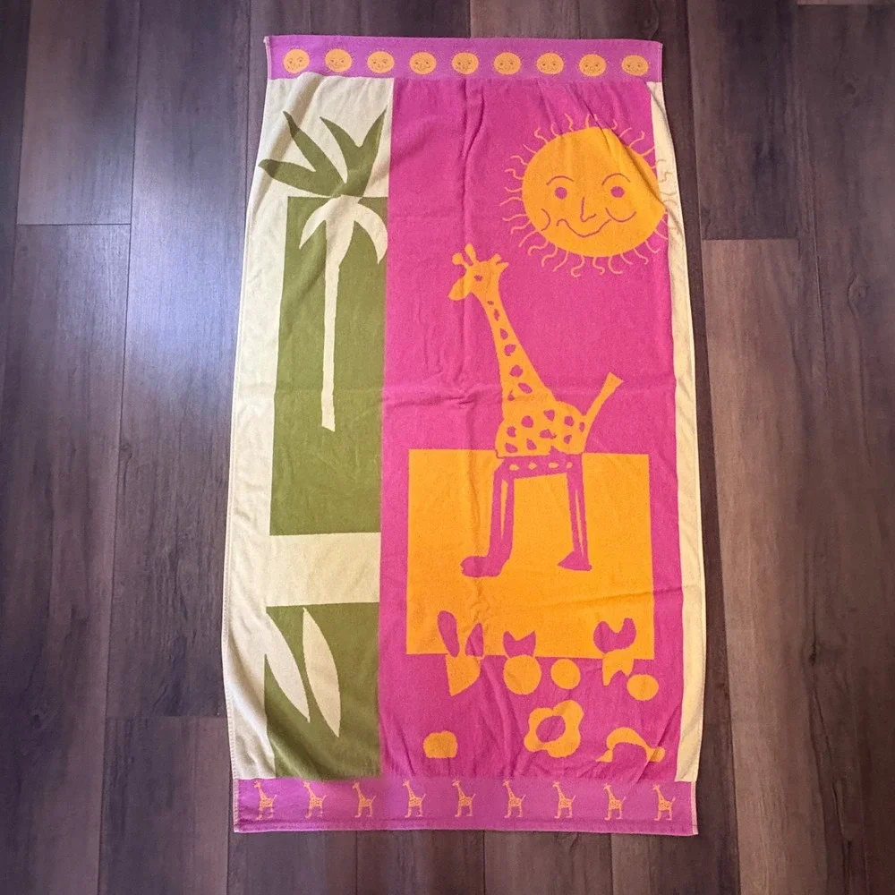 VTG Hayat Havlu Giraffe Sun Palm Tree Beach Towel Pink Orange Cotton Turkish
